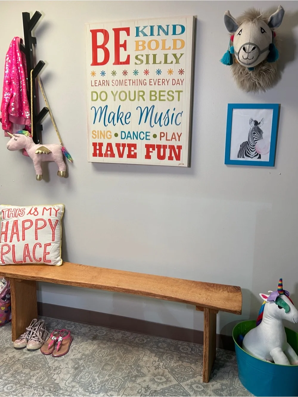 Kids Plush Llama Wall Mount - Neutral with Teal & Pink Tassels